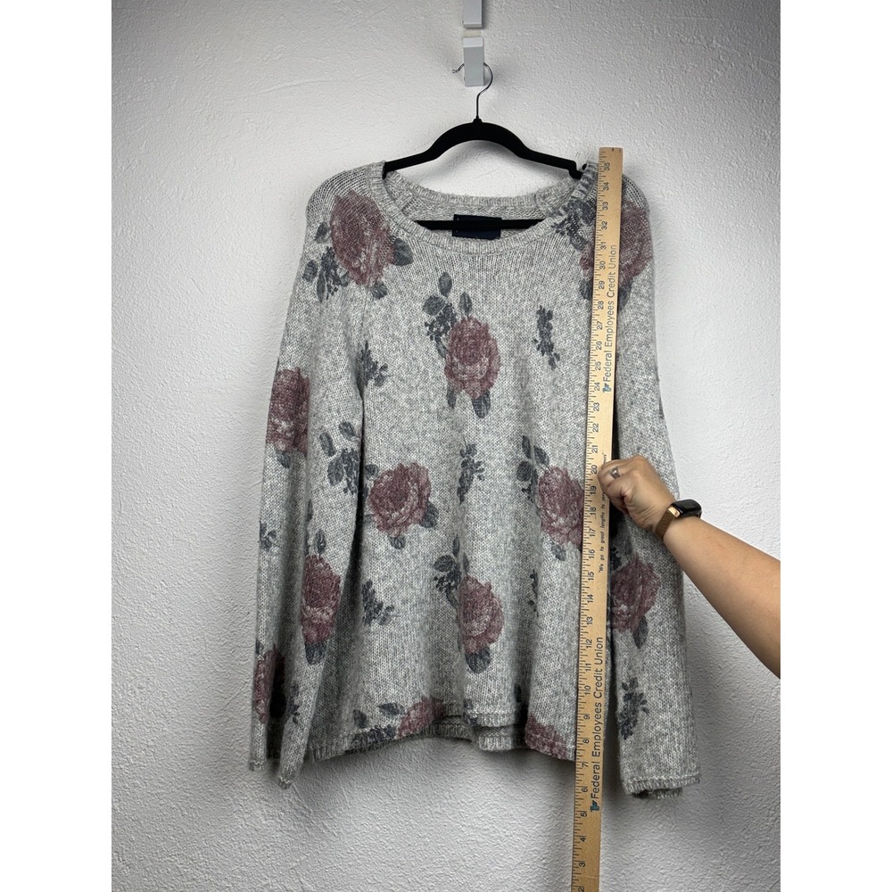 Lucky Brand Grey Floral Rose Knit Sweater - Large - Raglan Boho Cottagecore